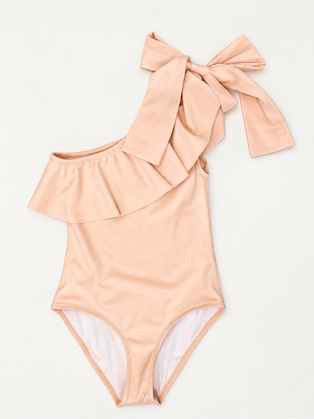 Girls One-Shoulder Ruffle Swimsuit with Bow - Blush Pink